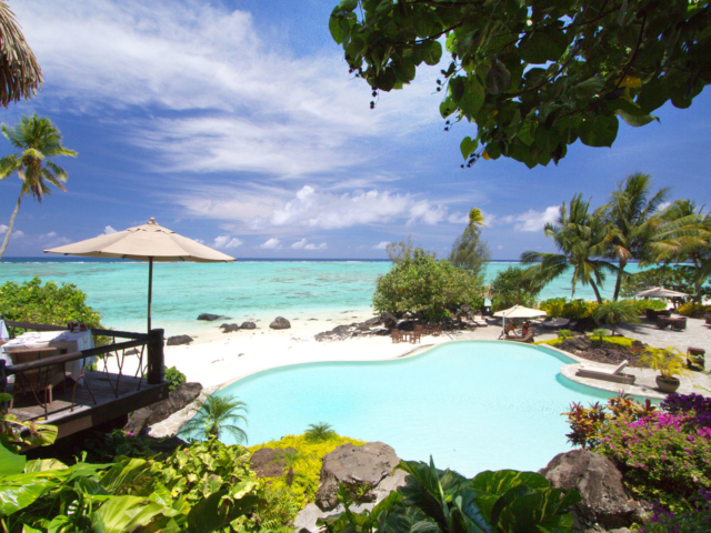 Elevated view of the swimming pool from the Rapae Restaurant overlooking the beautiful tempting lagoon