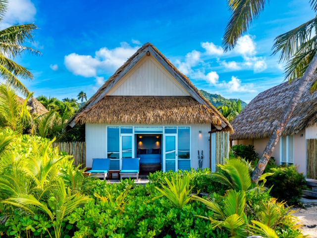 Exterior of a Beachfront Bungalow at Little Polynesian Resort Rarotonga overlooking Titikaveka Lagoon