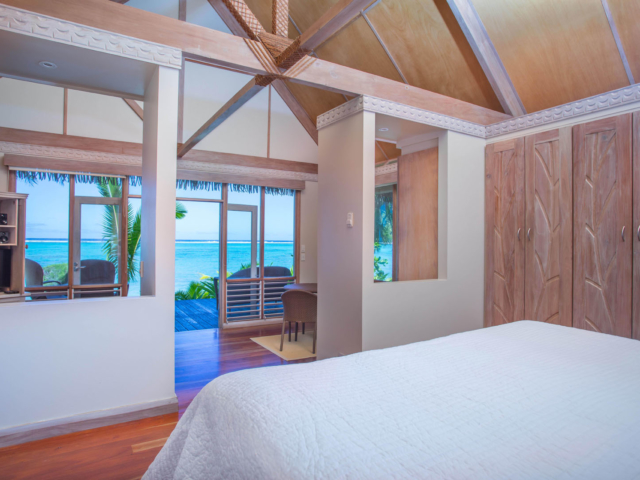View from the bedroom of our beachfront bungalow looking out to the lagoon