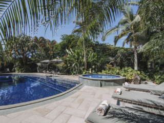 Resort swimming pool surrounded by lush tropical garden