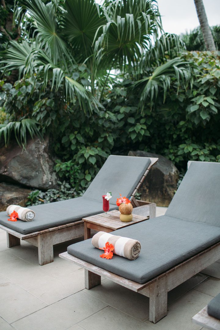 A beautiful set up of the sun loungers featuring options of quenching fruit drink