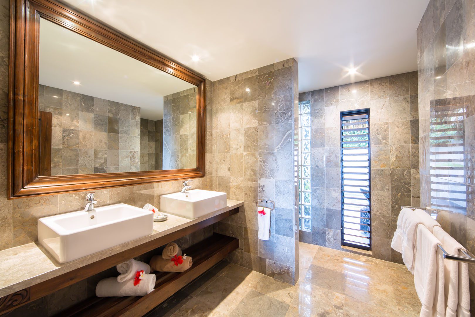 inside view of the Ultimate Beachfront Villa Bathroom, with beautiful tiles and modern styling