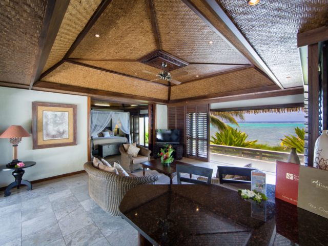 Te Manava luxury villas, view from the inside of the Ultimate beachfront villa looking out onto the blue lagoon