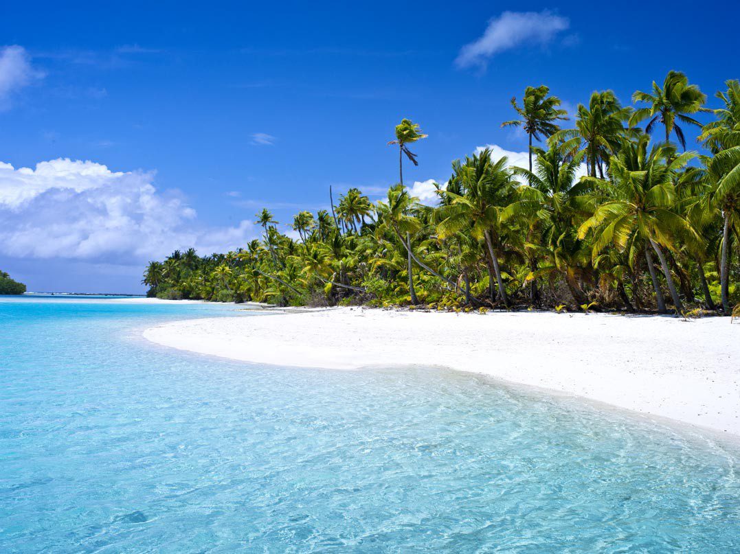 Aitutaki's crystal blue lagoon with swaying coconut trees in the background & white sand