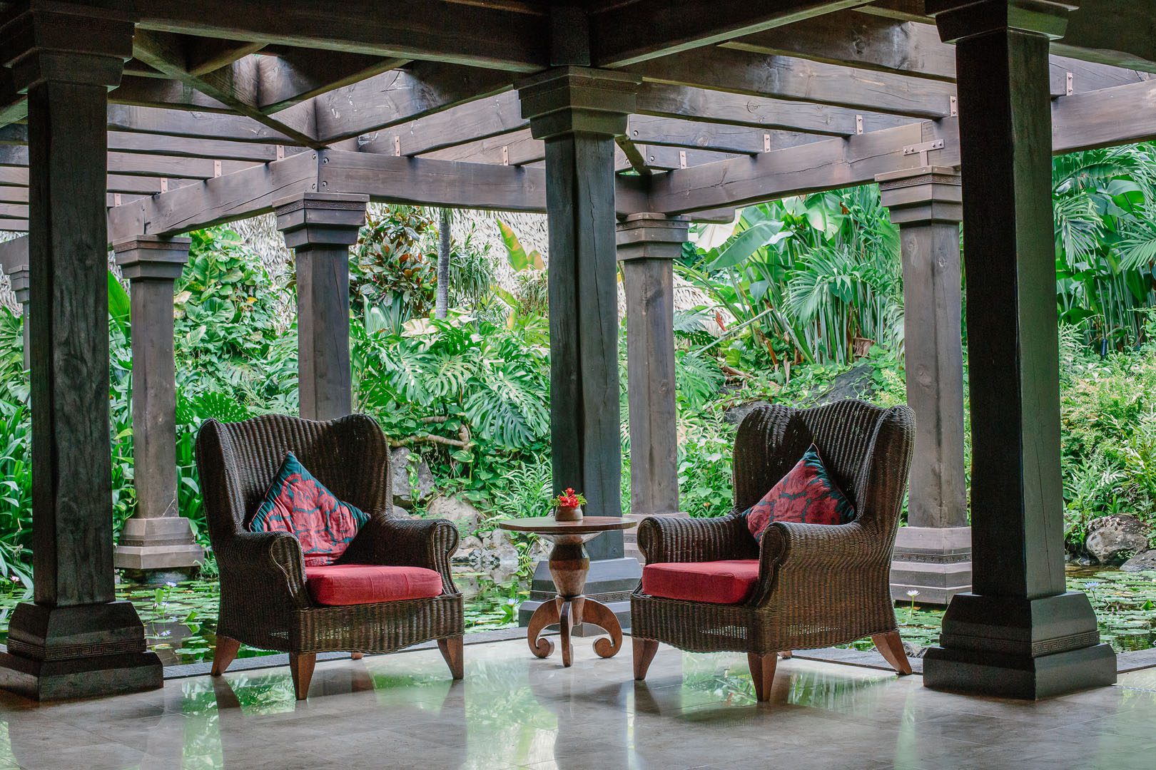 Image of the reception waiting area that features a beautiful background of water lily pond