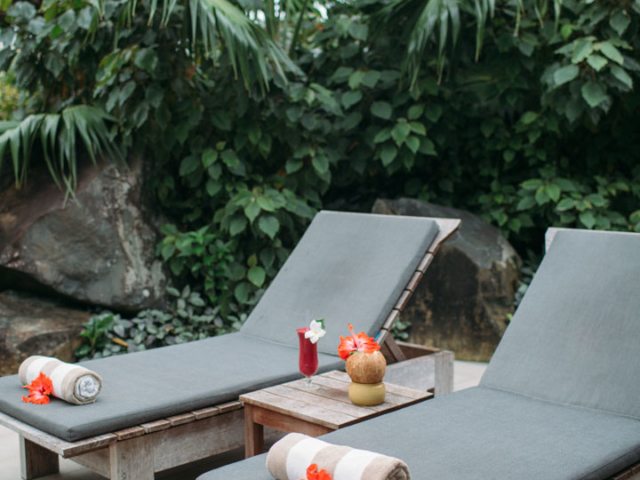 A beautiful set up of the sun loungers featuring options of quenching fruit drink