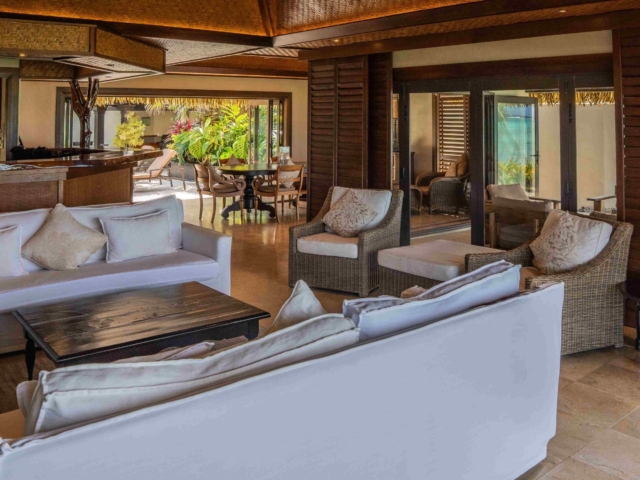 Presidential Villa living lounge and dining area at Te Manava Luxury Villas Rarotonga
