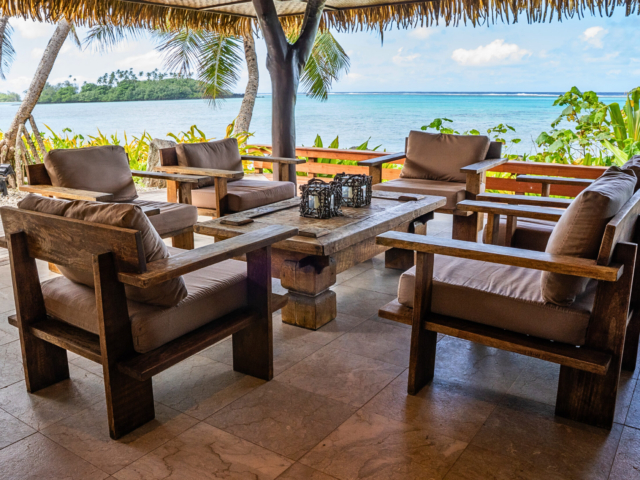 Presidential Villa patio overlooking the lagoon at Te Manava Luxury Villas Rarotonga