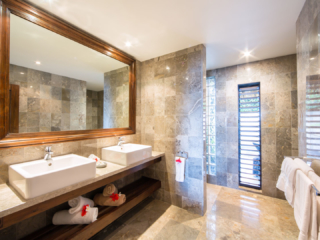 inside view of the Ultimate Beachfront Villa Bathroom, with beautiful tiles and modern styling
